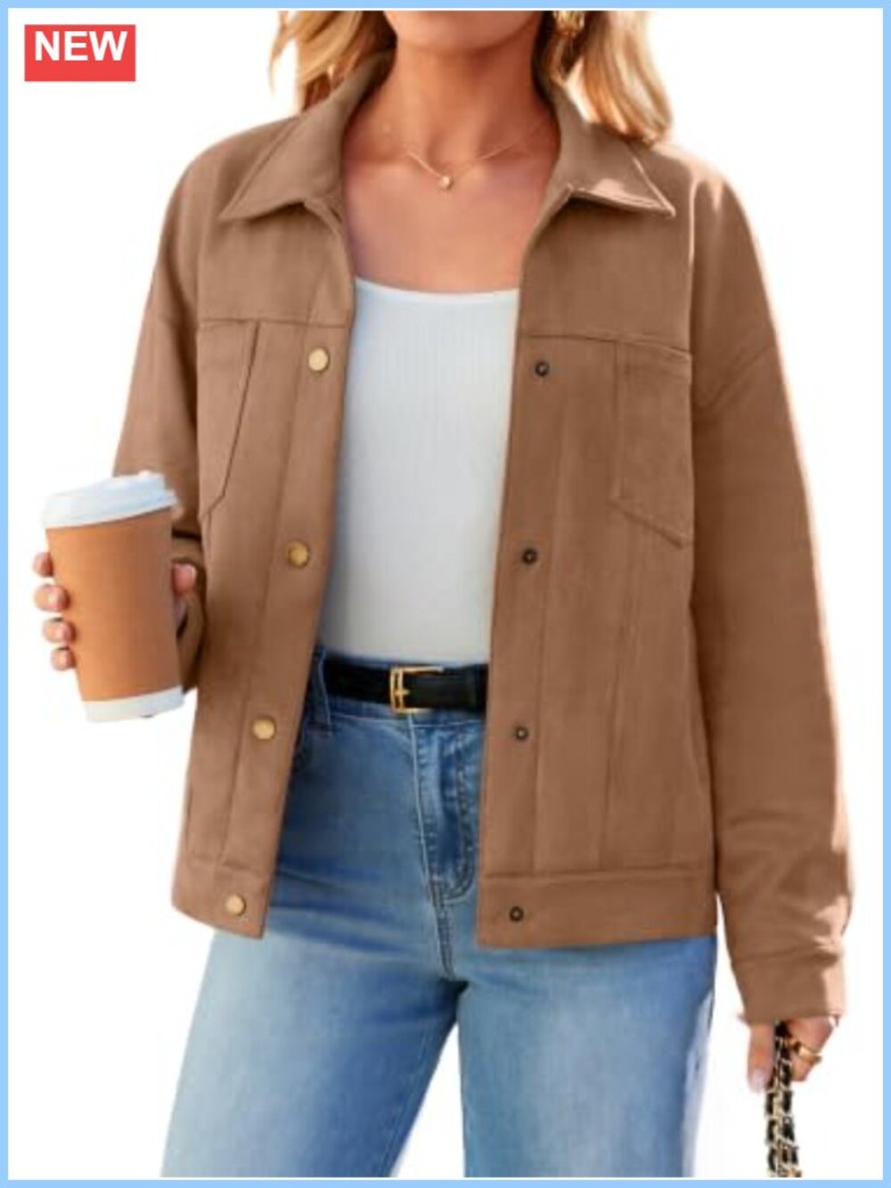 Women's Faux Suede Trucker Jacket Button Down Lightweight Fall Coat